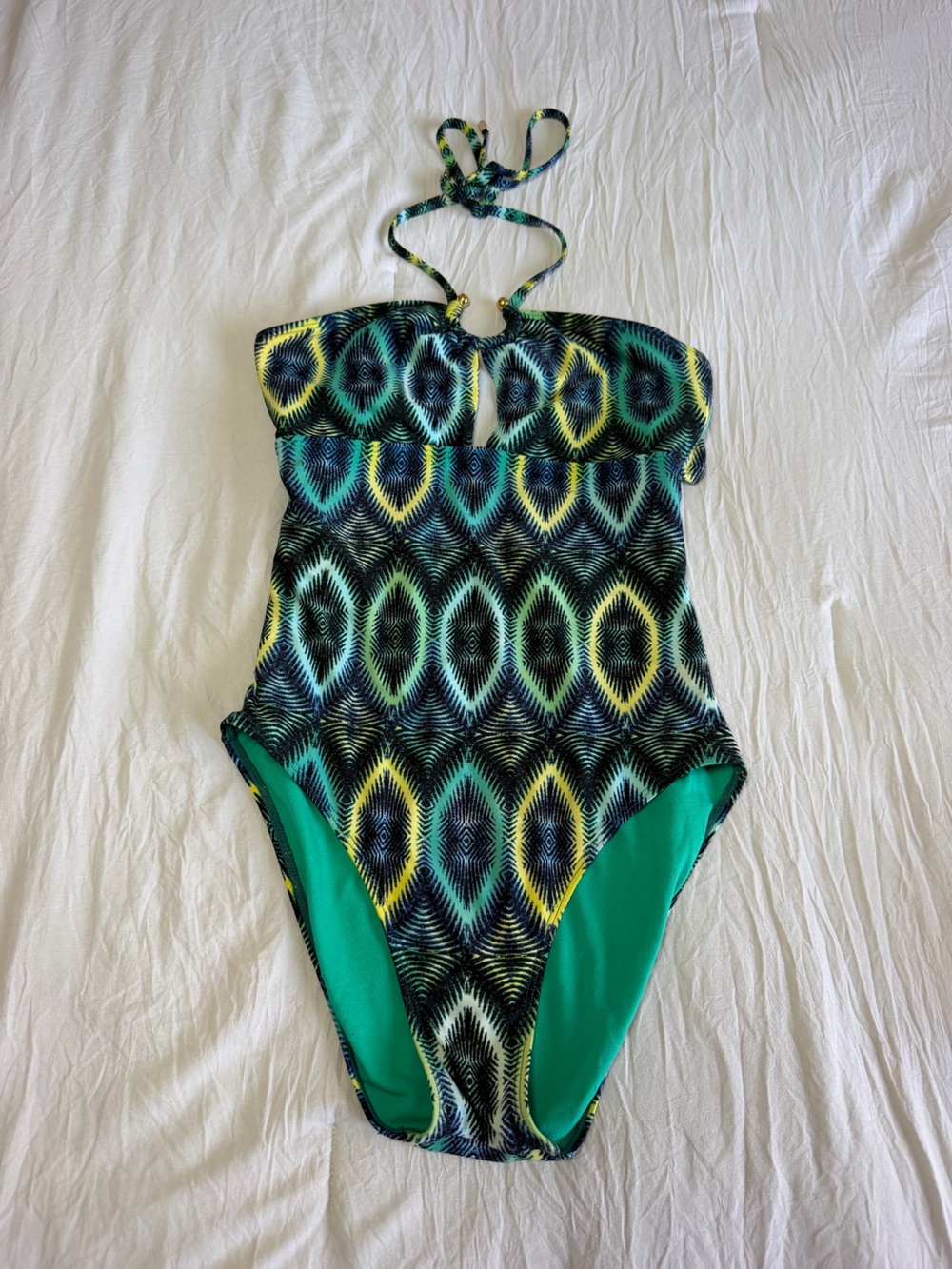 Laundry By Shelli Segal Green Patterned Bodysuit with Yellow & Black Accents